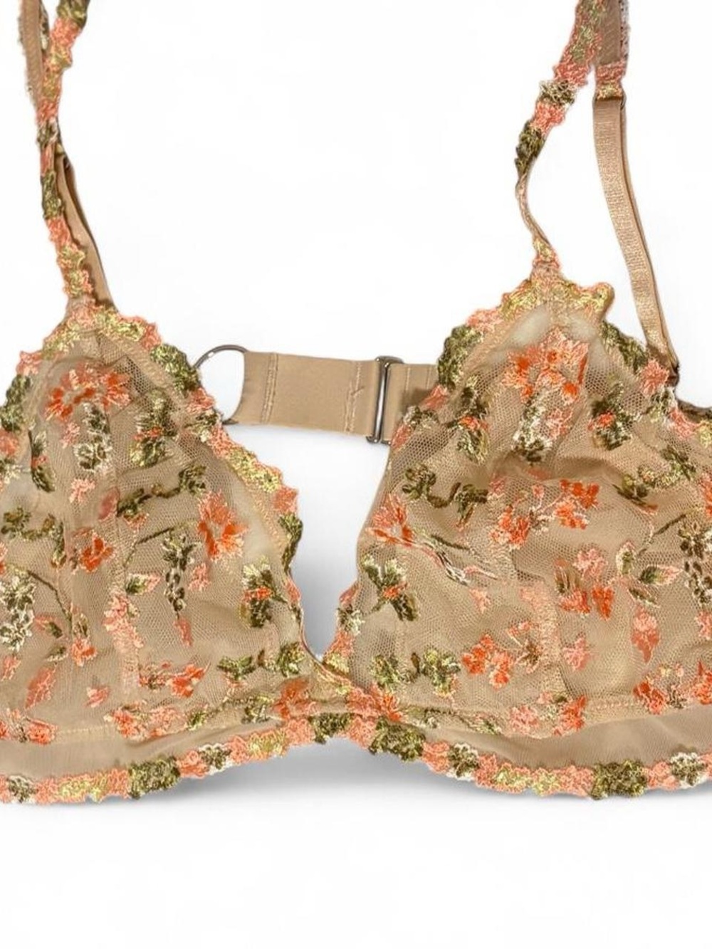 Aerie Sheer Floral Embroidered Bralette in Beige, Coral & Olive Sz M